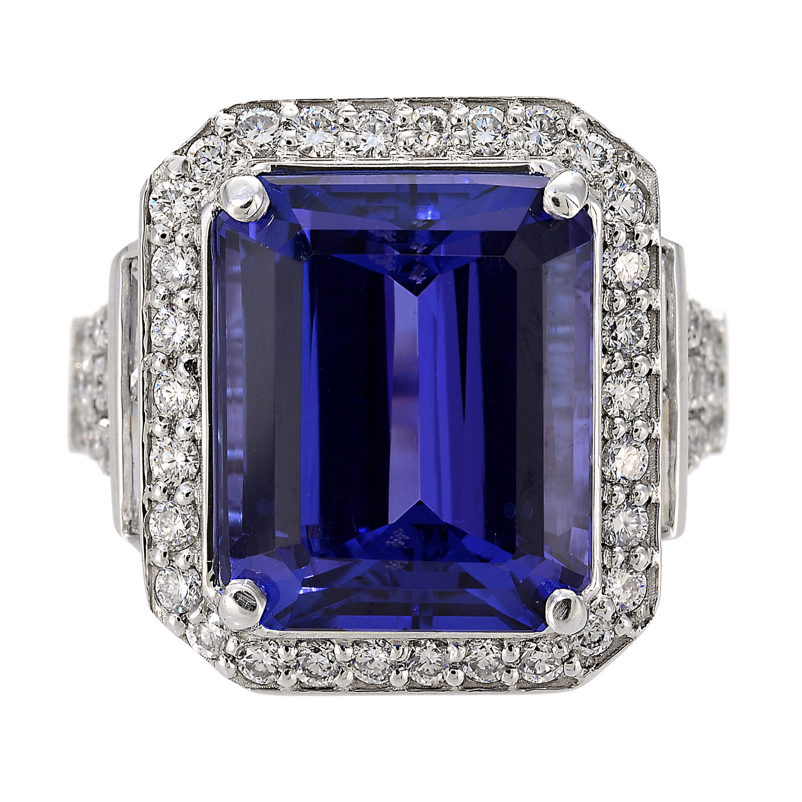 10.85ct Emerald Cut Tanzanite & Diamond Halo Ring – Zabler Design Jewelers
