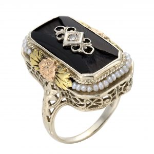 Art Deco Black Onyx and Diamond Filigree Ring