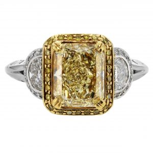 2.34ct Radiant Fancy Yellow Diamond Antique Revival Halo Ring