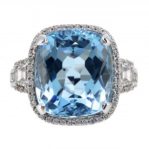 11.31ct Cushion Cut Aquamarine & Diamond Halo Ring